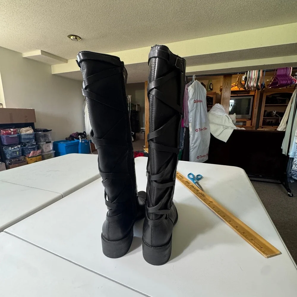 BCBGeneration Tall Boots Womens 9 Black Leather Lace Back Edgy Goth BG-MALLORY